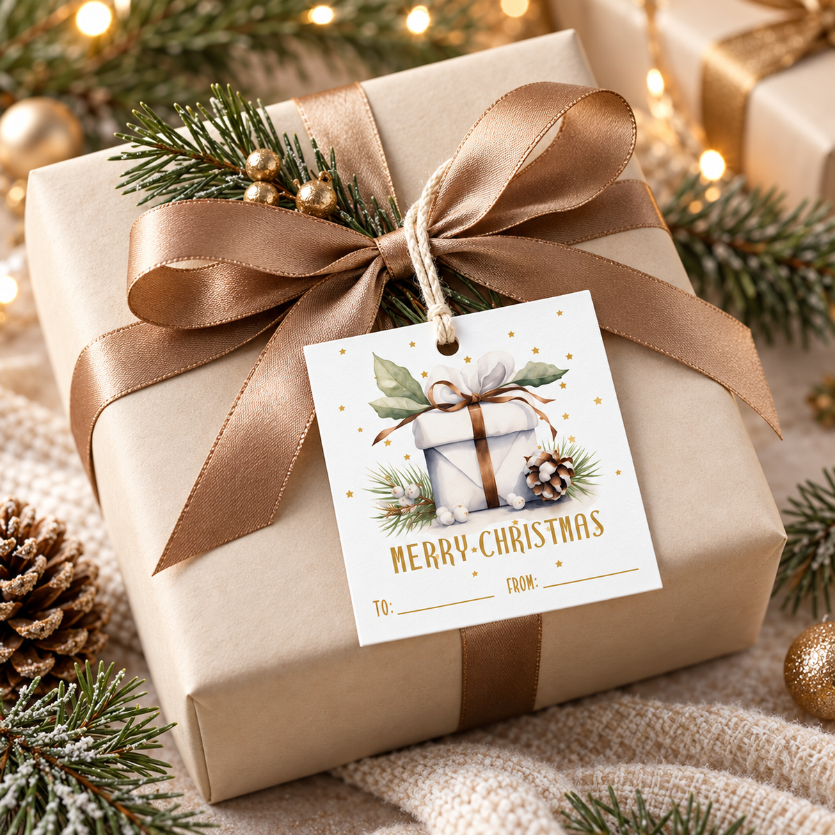 elegant Christmas gift tags printable on a beautifully wrapped Christmas present with a ribbon and greenery.