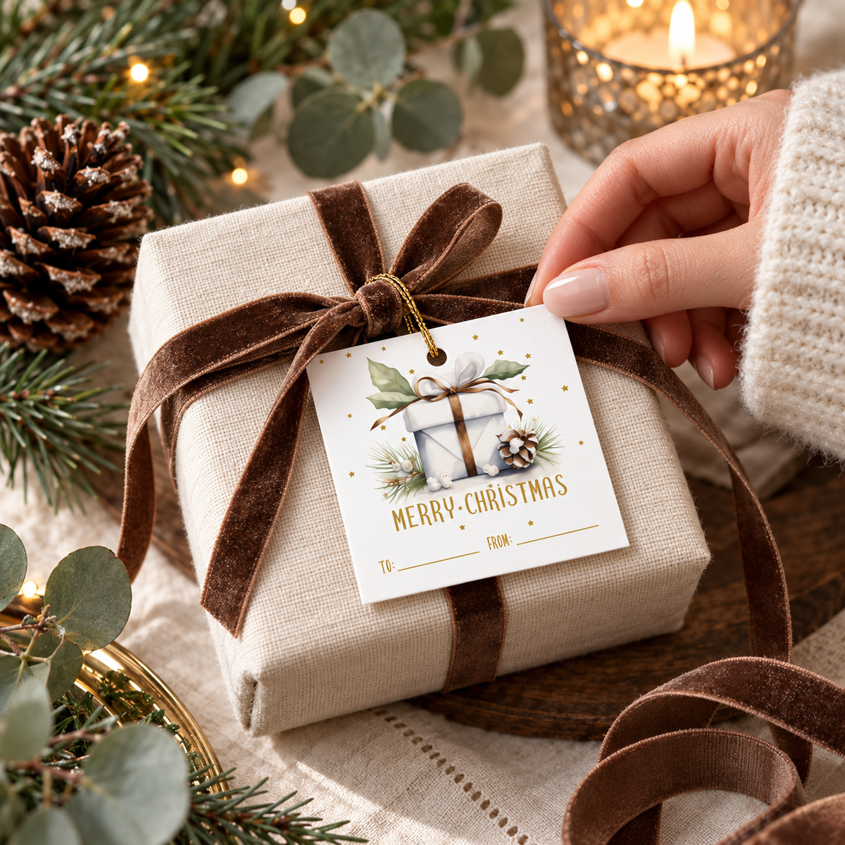 Elegant Christmas Gift Tags Printable on a wrapped gift with greenery and a pinecone.