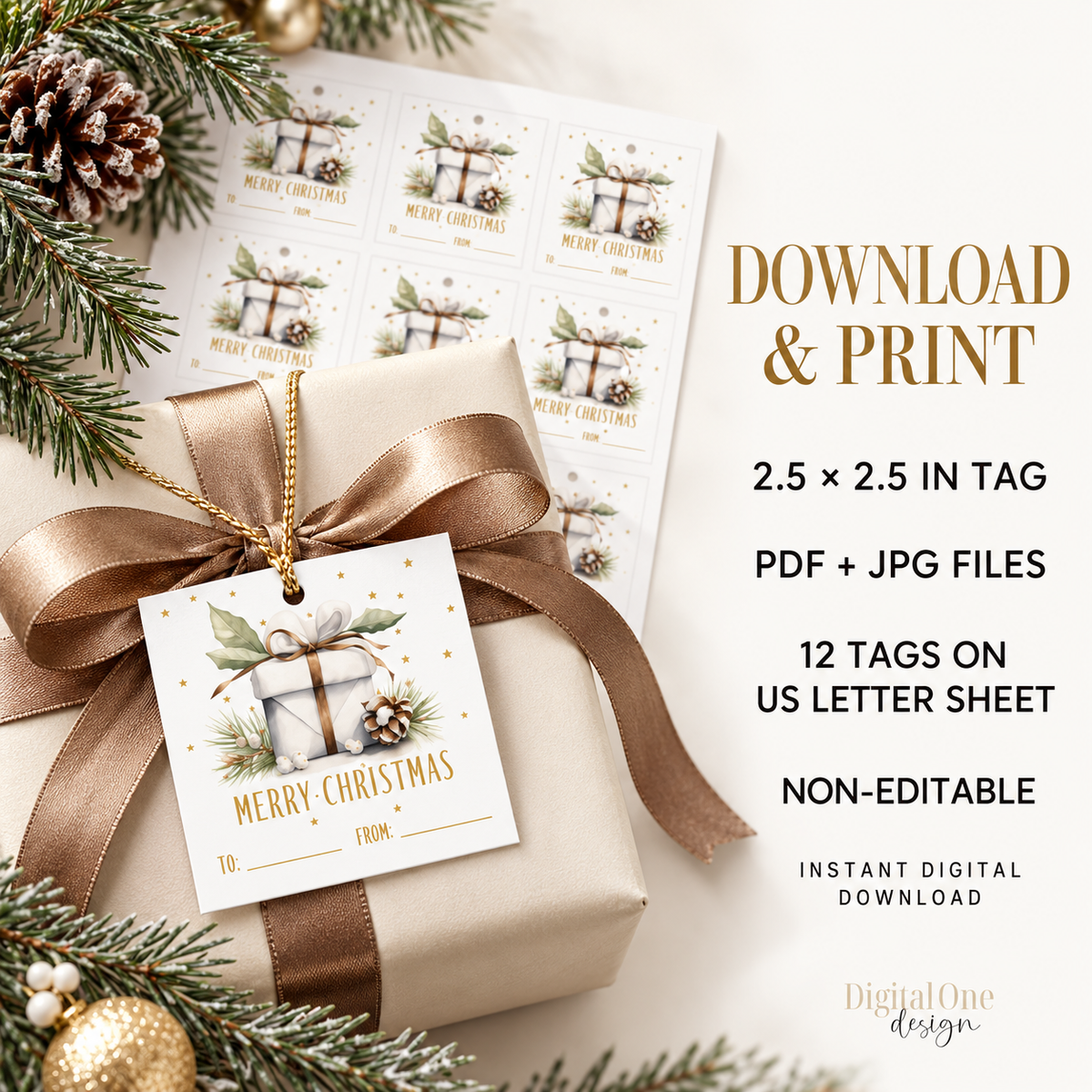 Elegant Christmas Gift Tags Printable on a holiday present with ribbon, featuring a watercolor design and festive elements.