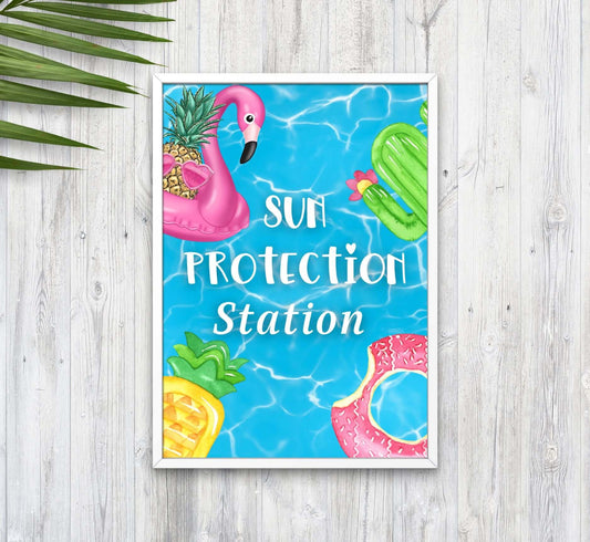 Printable Sun Protection station sign for pool party 