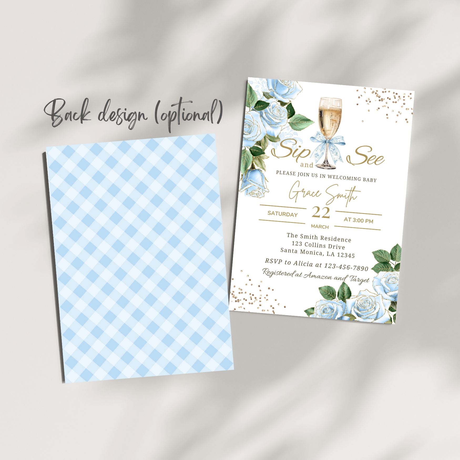Baby shower invitation with blue floral design and checkered back design on gray background