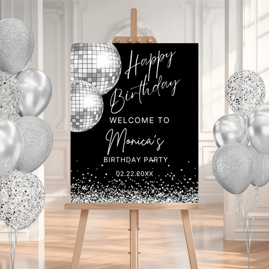 Silver Disco Ball Birthday Welcome Sign