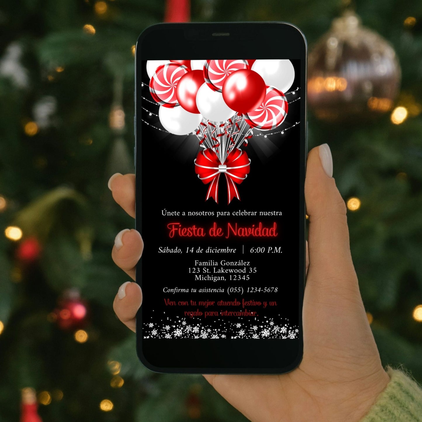  Editable Spanish Red White Candy Cane Balloons Christmas Invitation