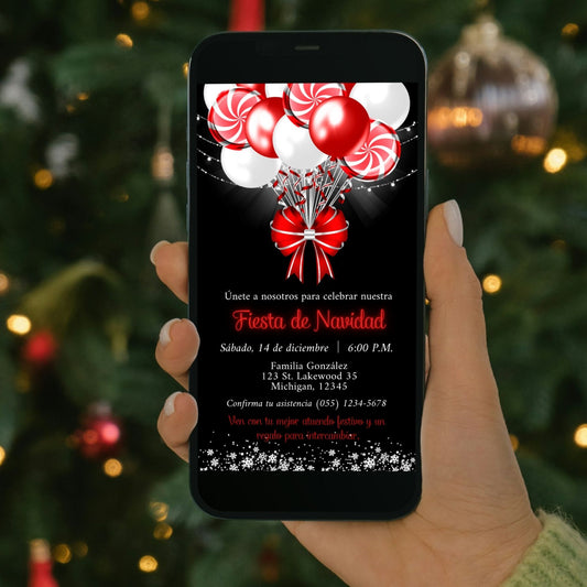  Editable Spanish Red White Candy Cane Balloons Christmas Invitation