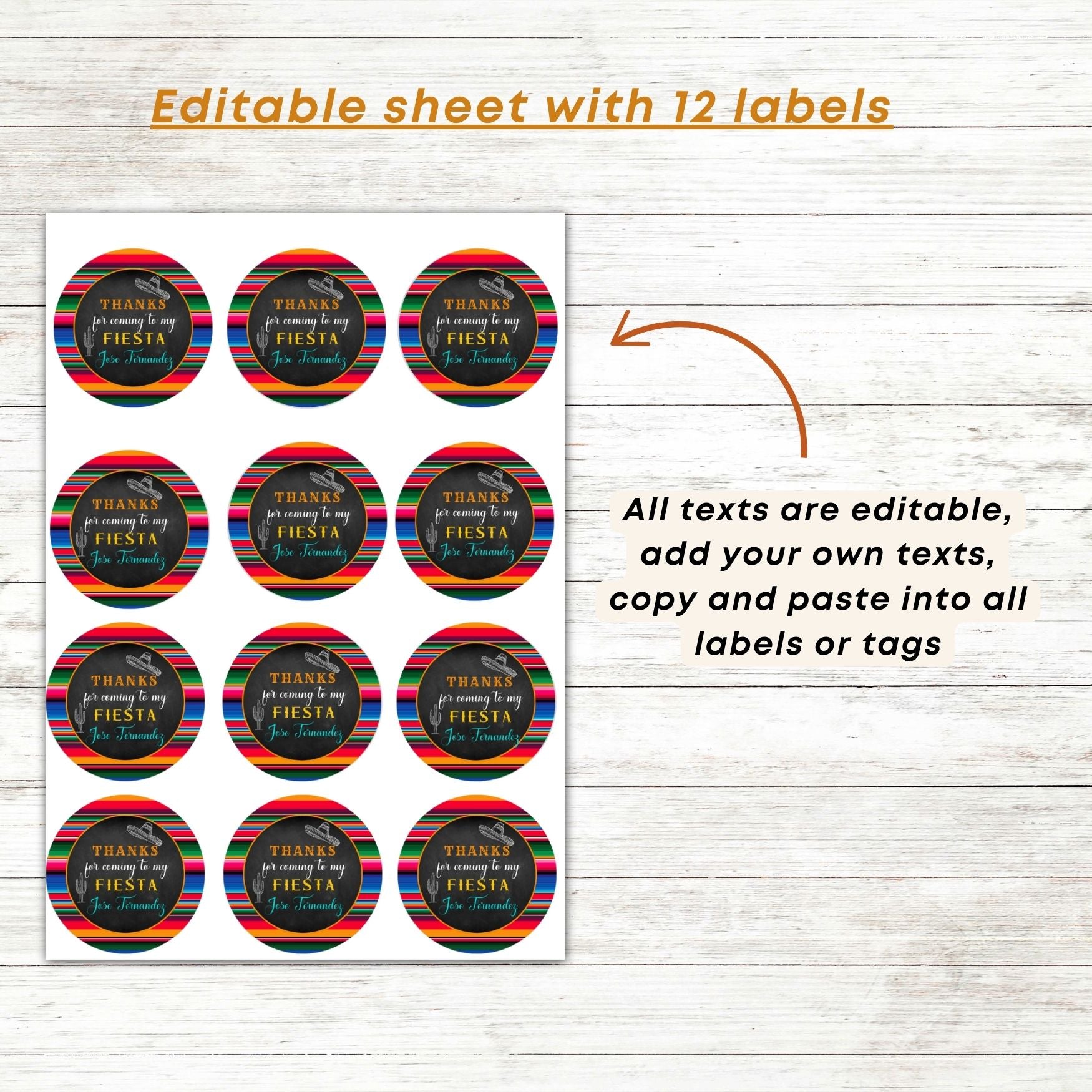 Sheet of editable labels with colorful designs and text on a wooden background