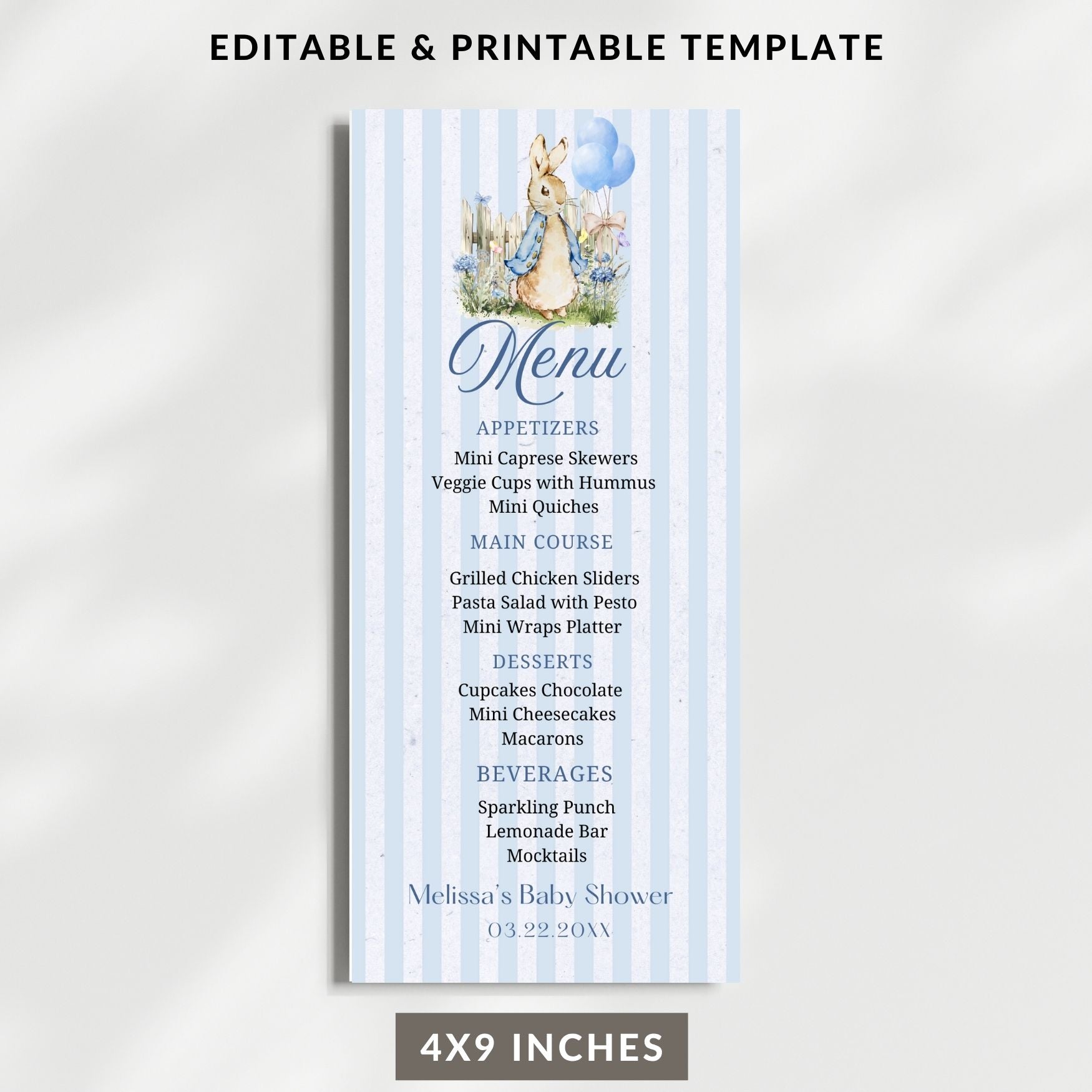 Baby shower menu template with blue stripes and bunny Peter Rabbit design on a white background