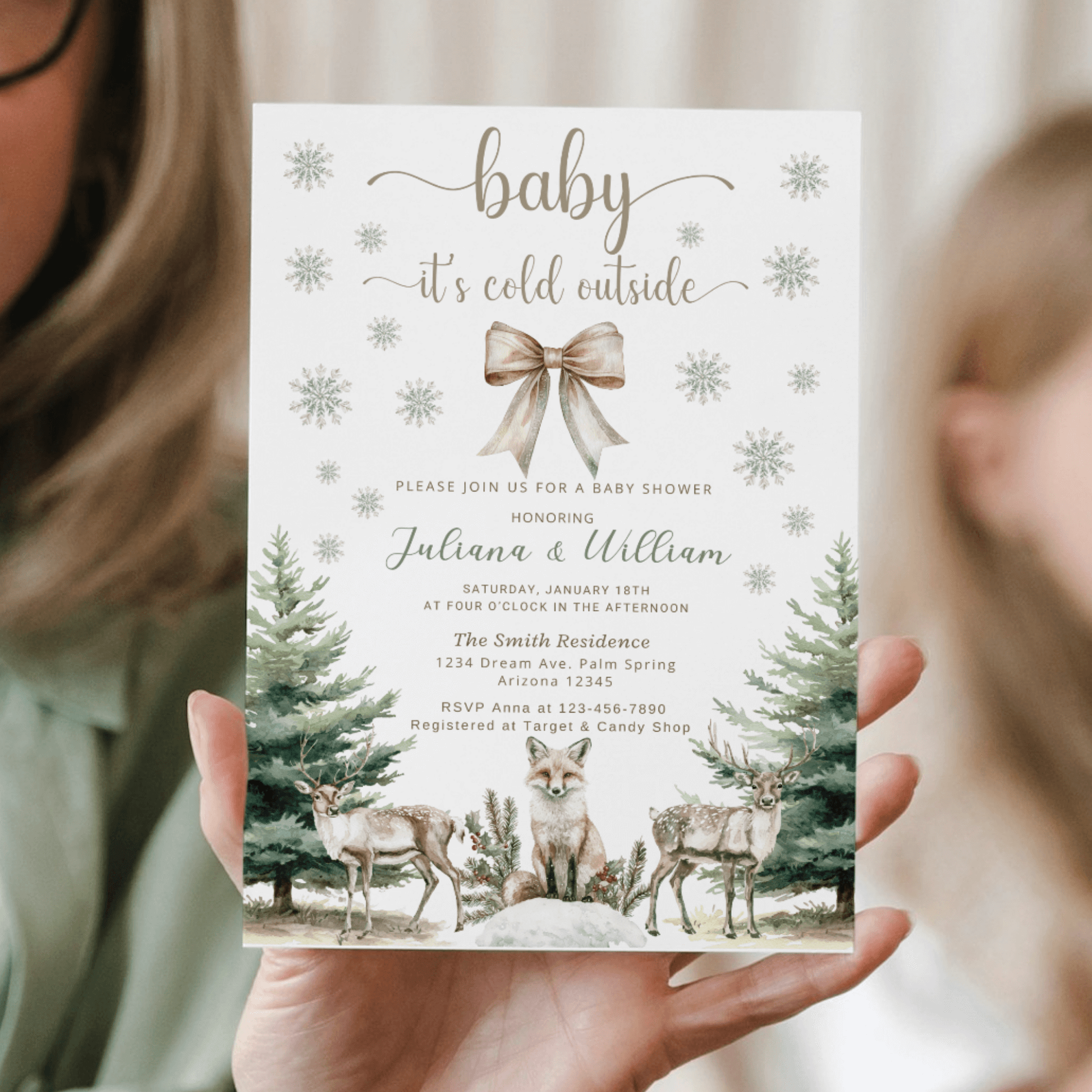 Watercolor Forest Winter Baby Shower Invite