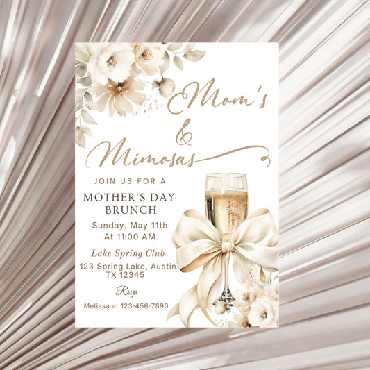 Elegant Mother's Day Brunch Invitation with Bow and Champagne