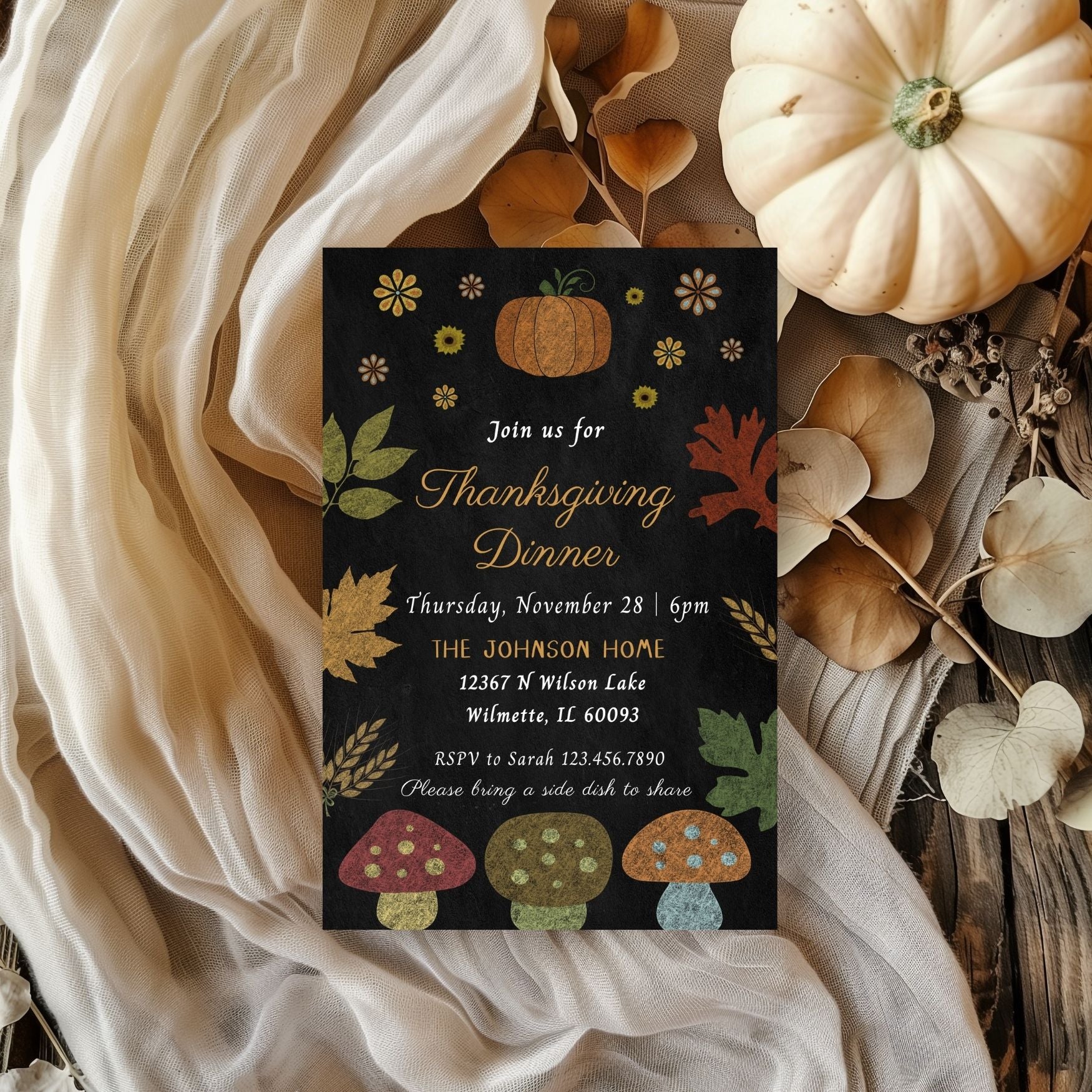 Thanksgiving dinner invitation with pumpkins, leaves, and mushrooms on a dark background, surrounded by decorative elements.