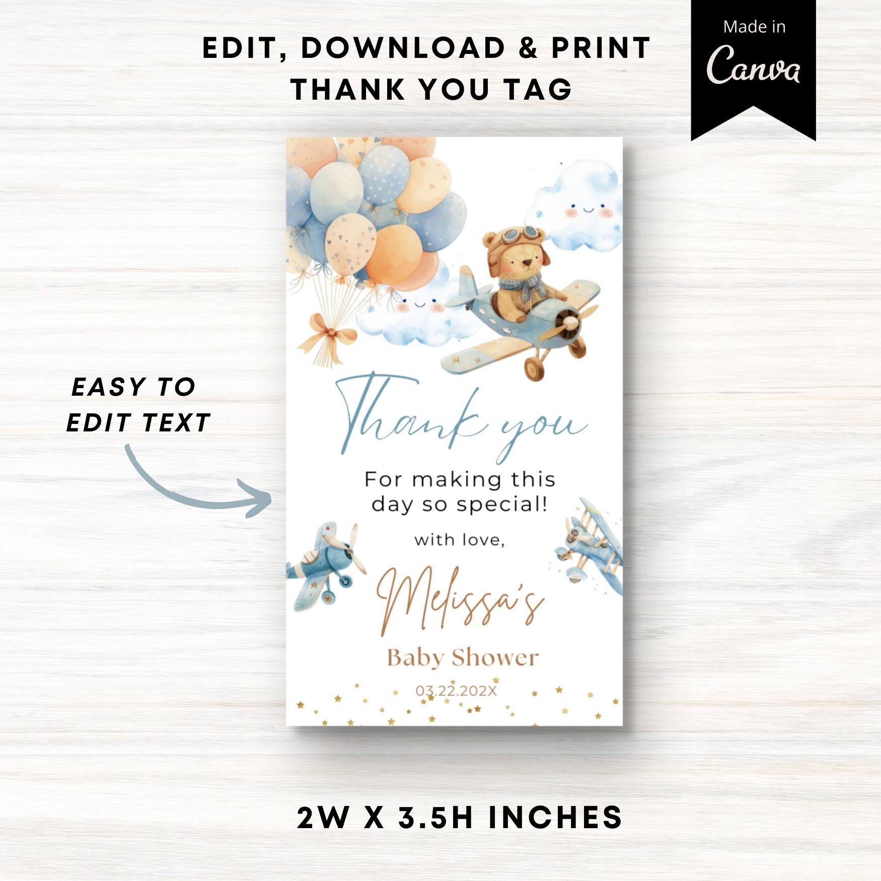Baby shower thank you tag with teddy bear and balloons design on a white background