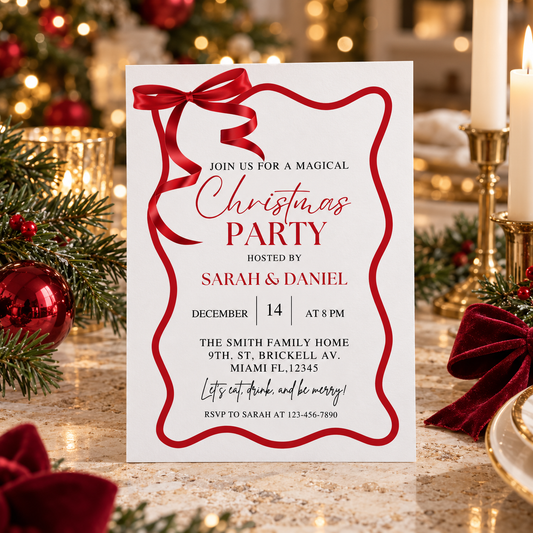 Editable Red Wave Christmas party invitation design with red bow and festive details for holiday celebrations.
