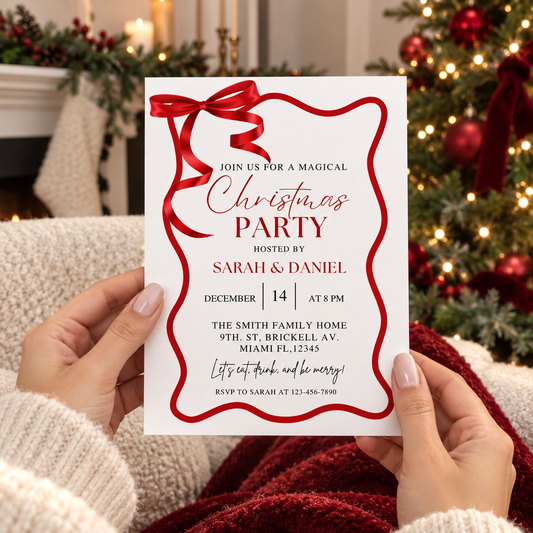 Editable Red Wave Christmas party invitation held near a festive Christmas tree and warm fireplace.
