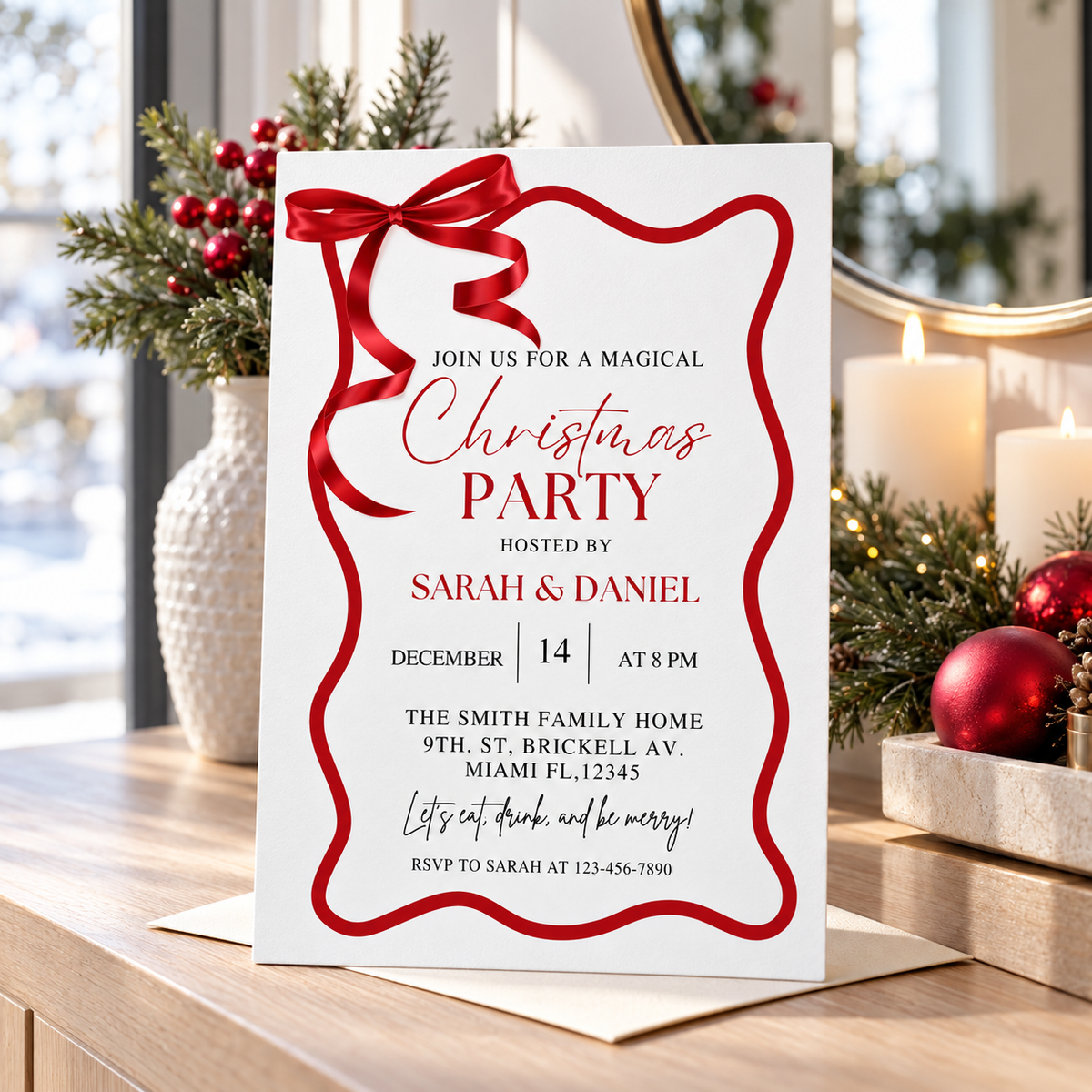 Editable Red Wave Christmas party invitation featuring elegant design and festive details for holiday celebration.