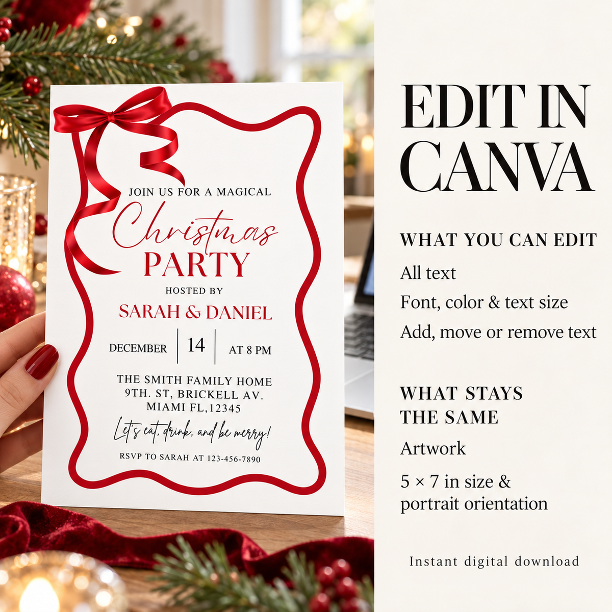 Editable Red Wave Christmas party invitation with red bow design, customizable in Canva for festive events.