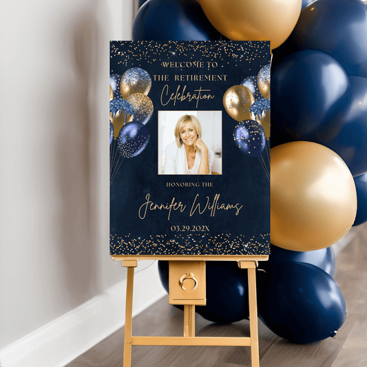 Blue Navy Gold Retirement Welcome sign