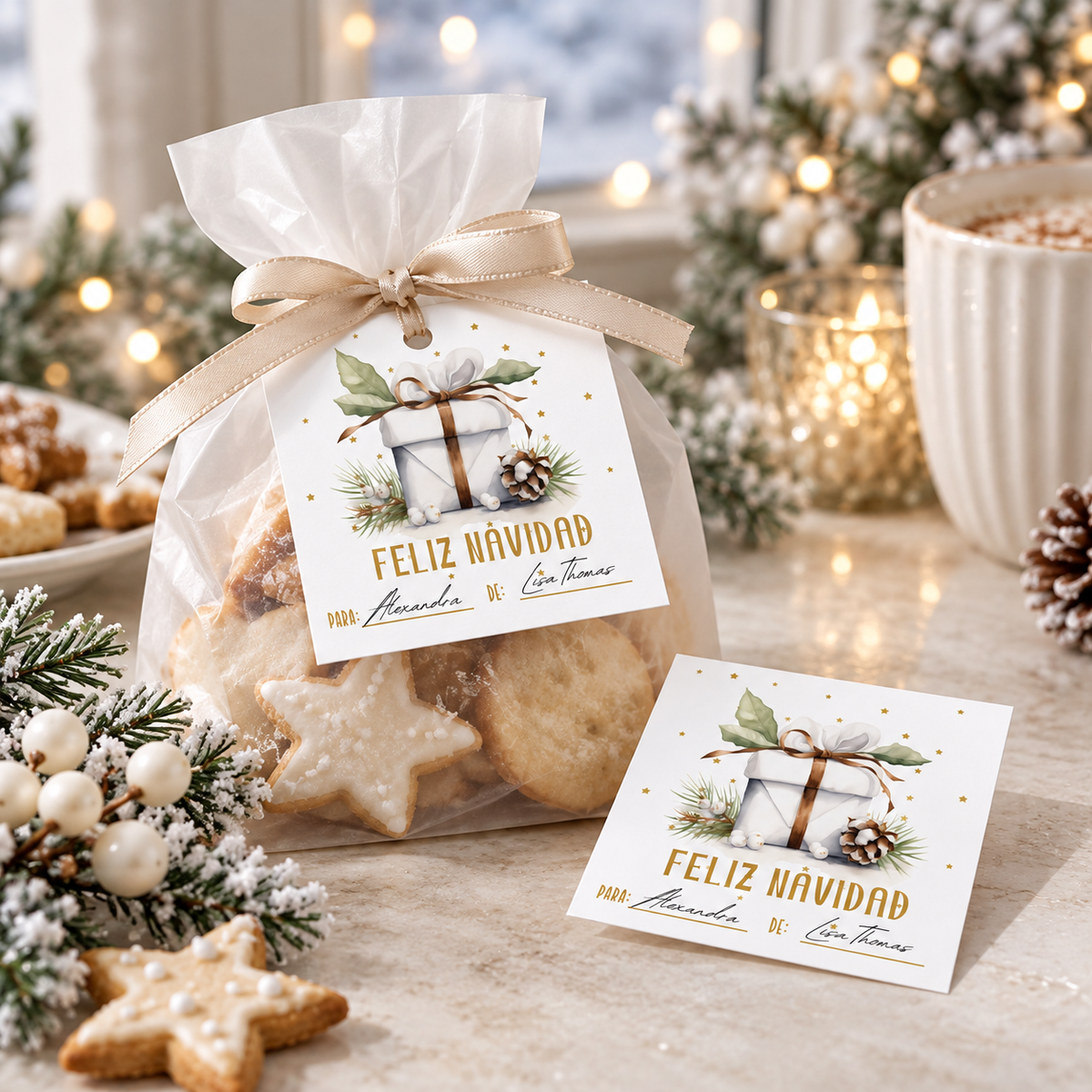 Feliz Navidad printable gift tags attached to a holiday cookie bag, perfect for Christmas gifting.