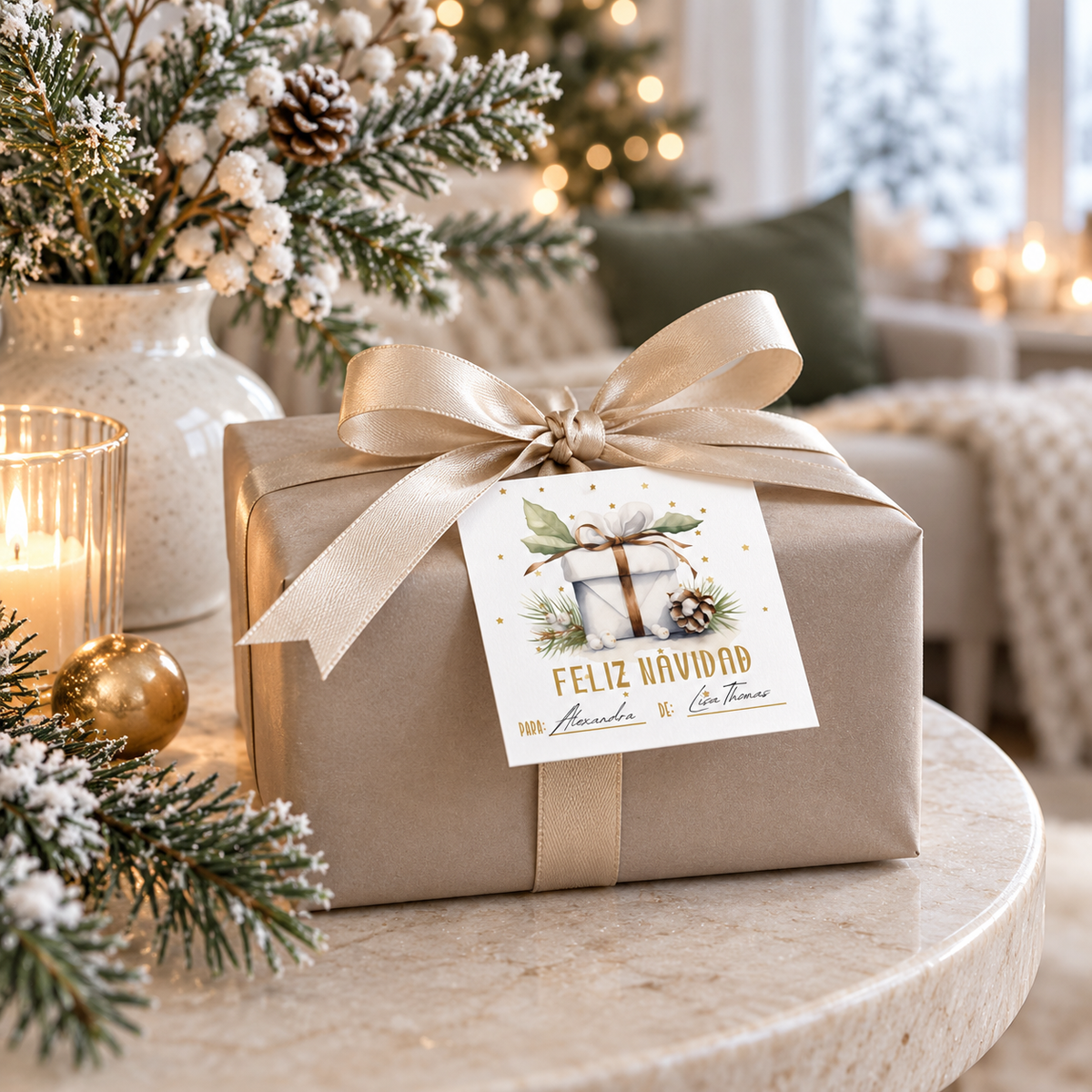 Feliz Navidad printable gift tags attached to a beautifully wrapped Christmas present with elegant decor.