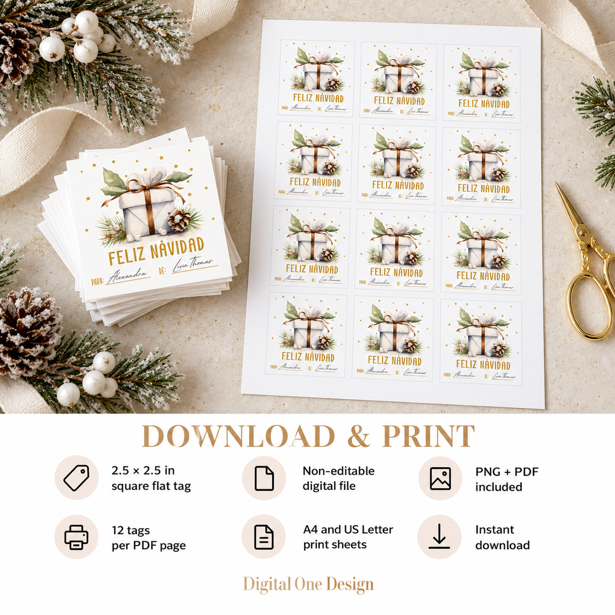 Feliz Navidad printable gift tags on a printed sheet with holiday decorations, ideal for Christmas presents and favors.