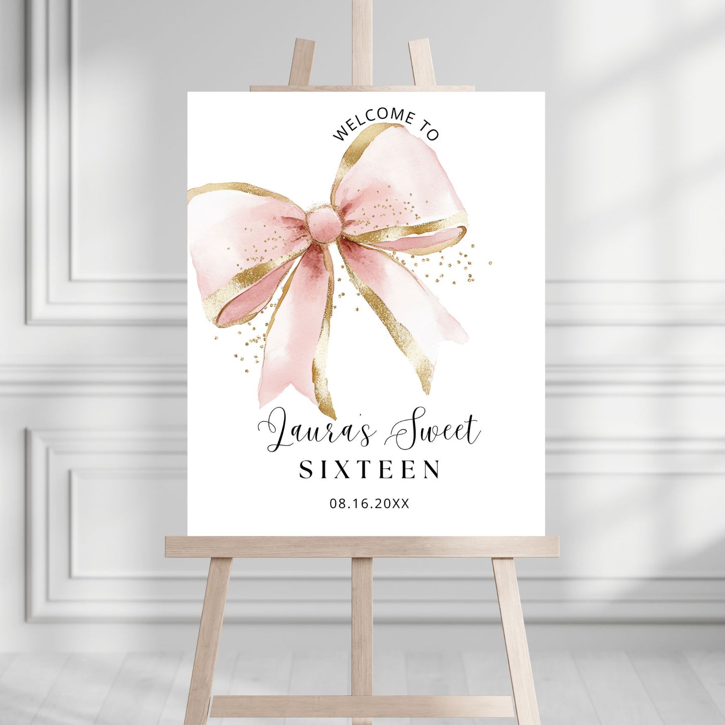 Coquette Pink and Gold Sweet Sixteen Welcome Sign