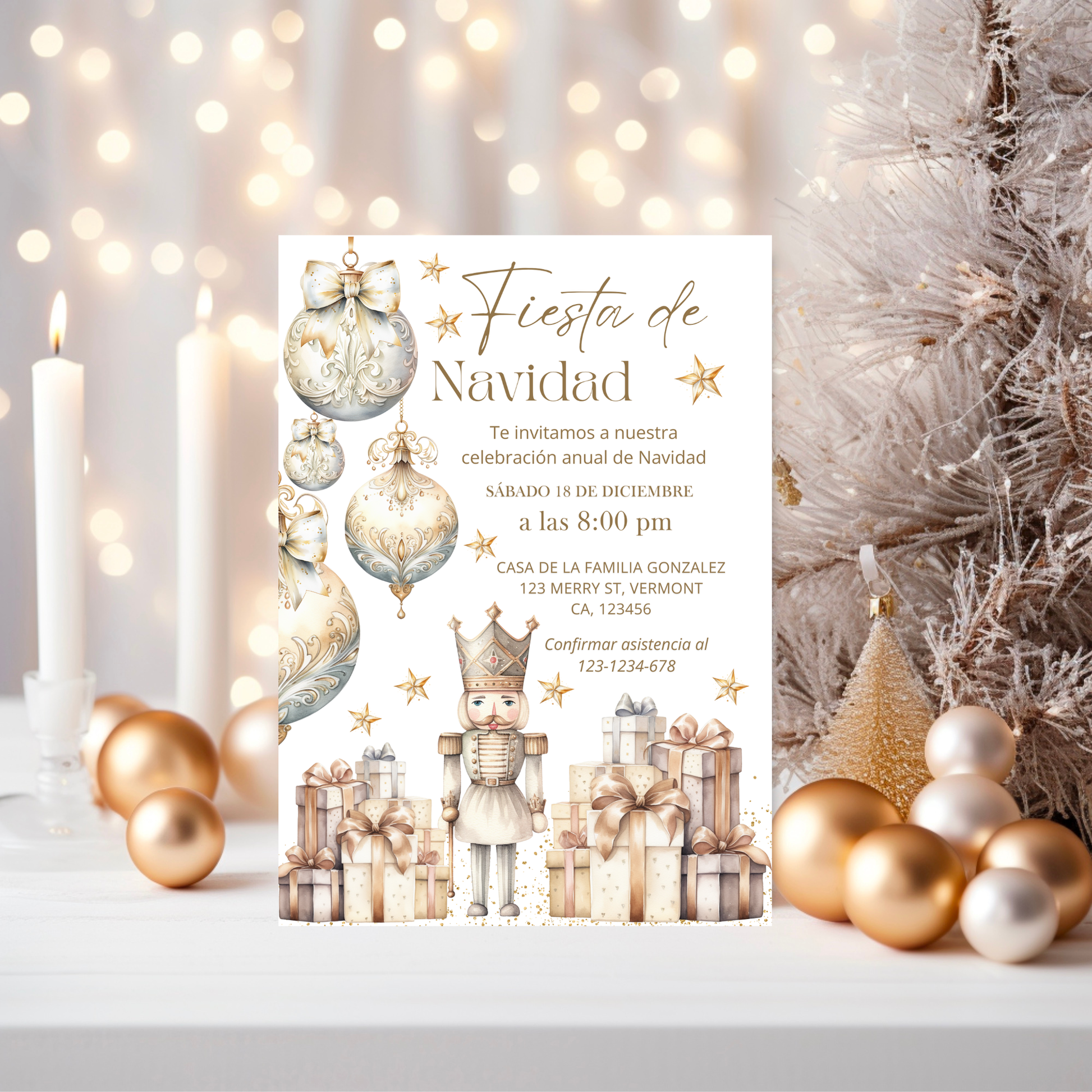 White Christmas party invitation with festive decorations on a white surface.