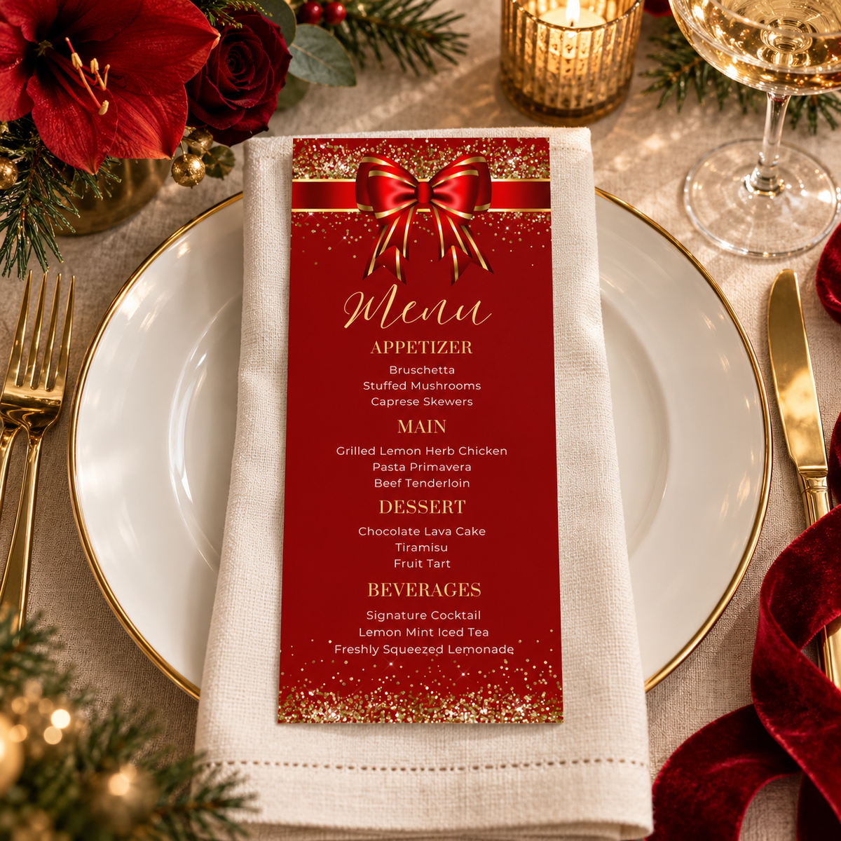 Editable Red Bow Christmas Menu Template displayed on a festive table setting with red and gold accents.