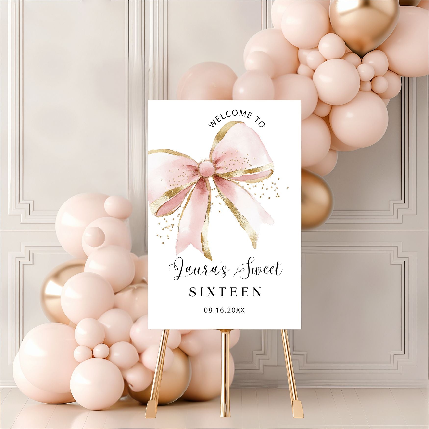 Coquette Pink and Gold Sweet Sixteen Welcome Sign