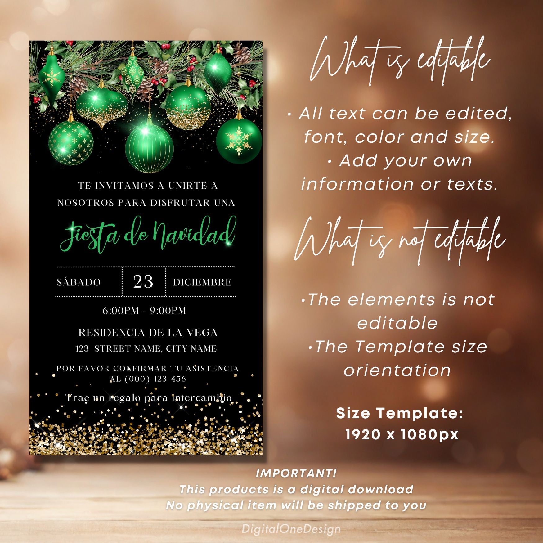 Spanish Green Christmas party invitation card with editable text on a blurred festive background