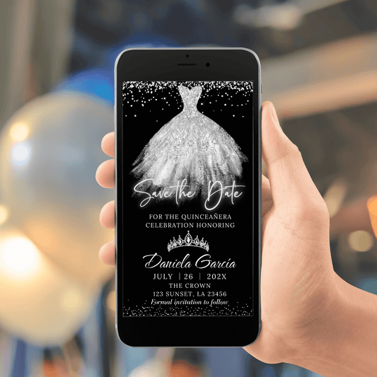 Editable White and Silver Quinceanera Save the date Invitation