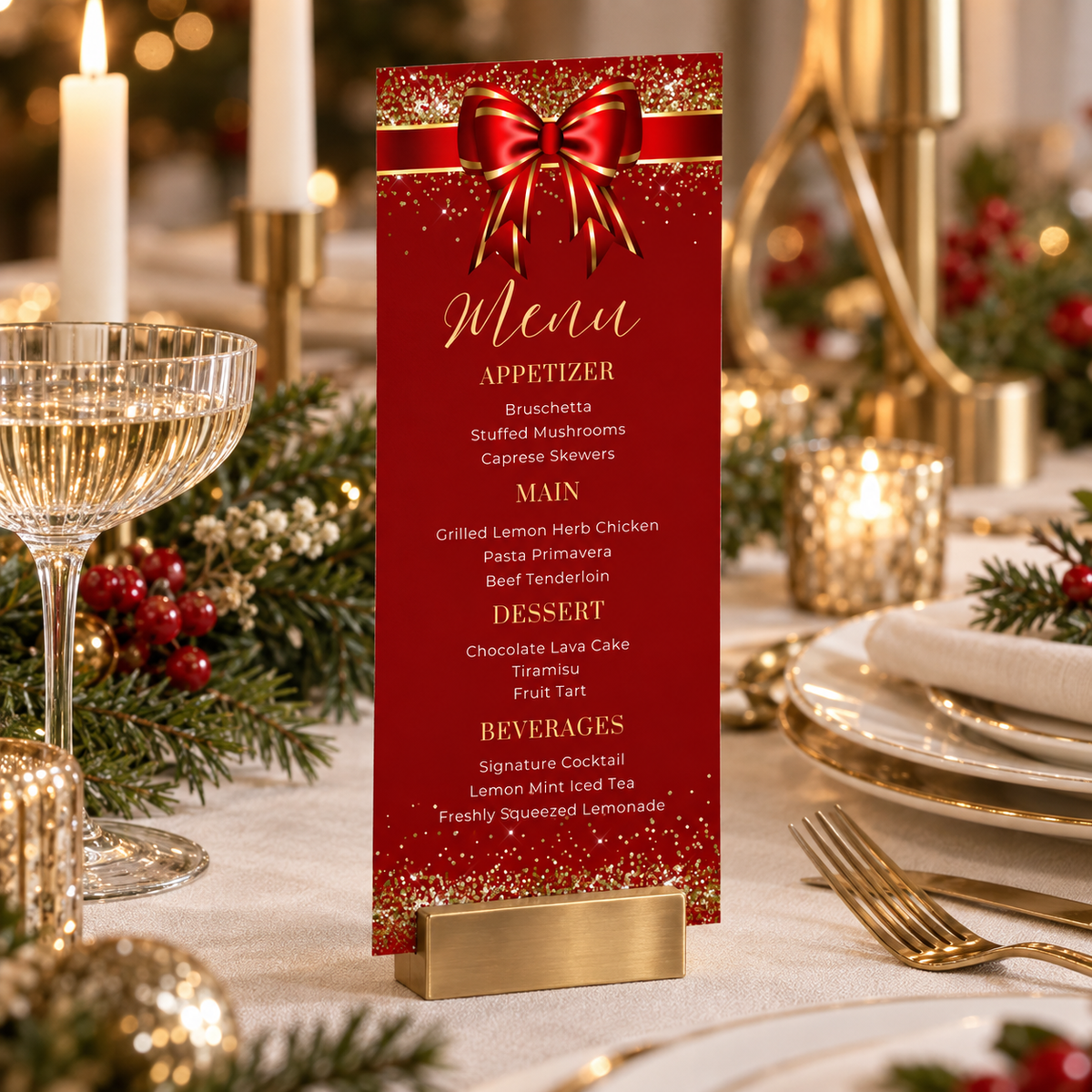 Editable Red Bow Christmas Menu Template showcasing a festive menu for a holiday dinner, featuring an elegant bow and gold accents.
