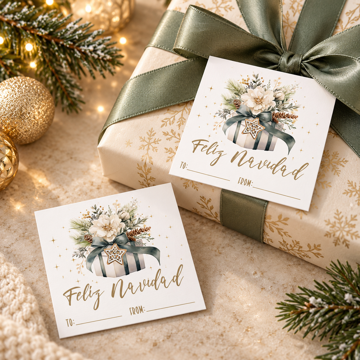 Feliz Navidad printable gift tags on a beautifully wrapped Christmas present with floral decor and holiday lights.