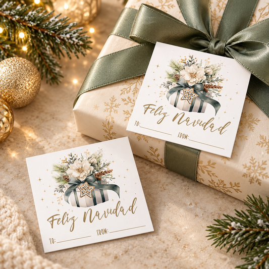 Feliz Navidad printable gift tags on a beautifully wrapped Christmas present with floral decor and holiday lights.