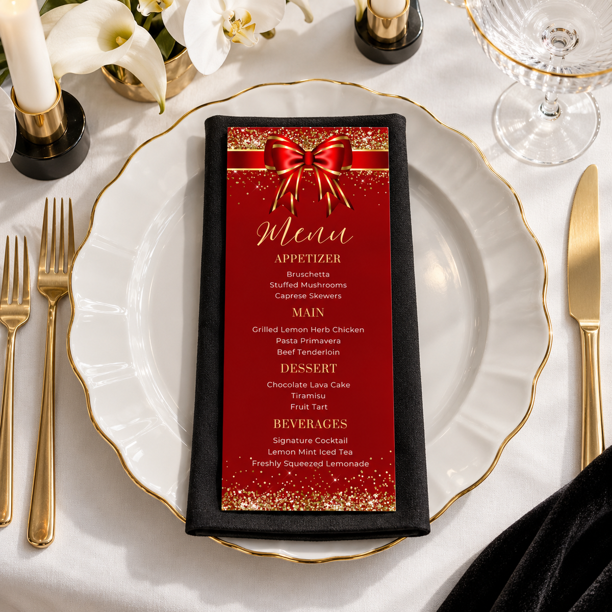 Editable Red Bow Christmas Menu Template displayed on an elegant dinner table setting.