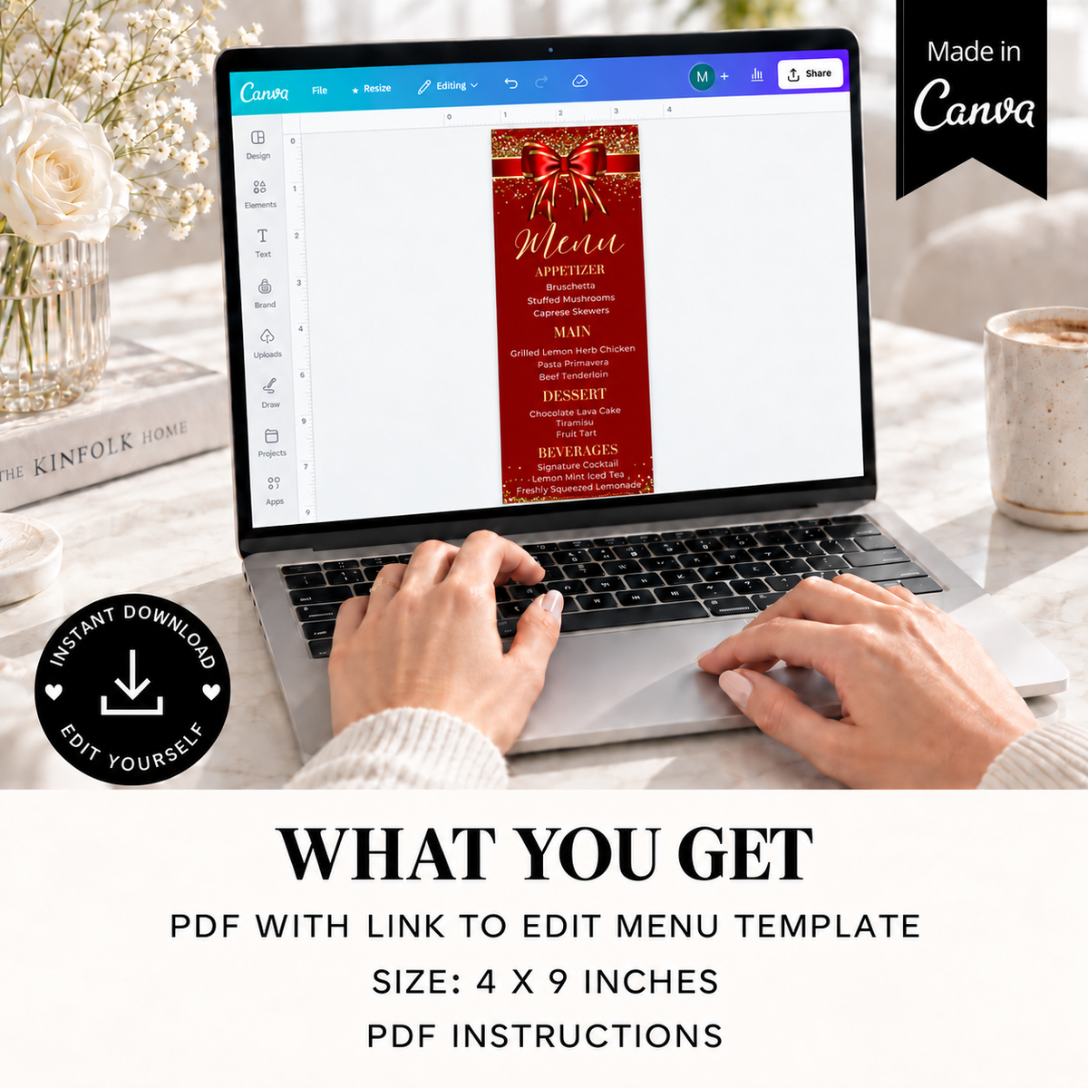 Editable Red Bow Christmas Menu Template displayed on a laptop, showcasing a festive menu design.