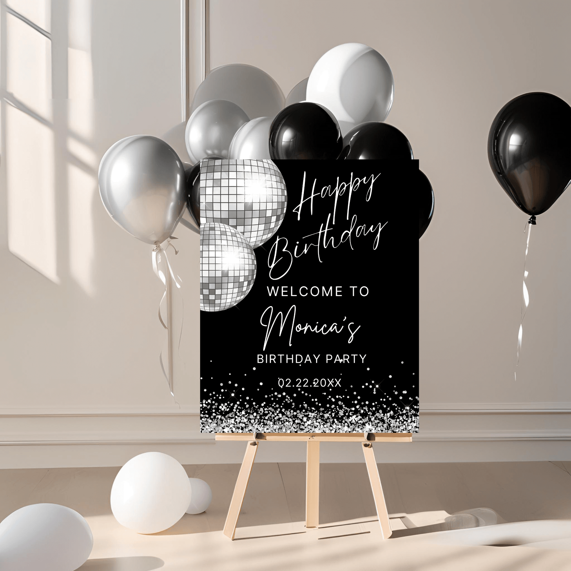 Elegant Silver Disco Ball Birthday Party Welcome Sign