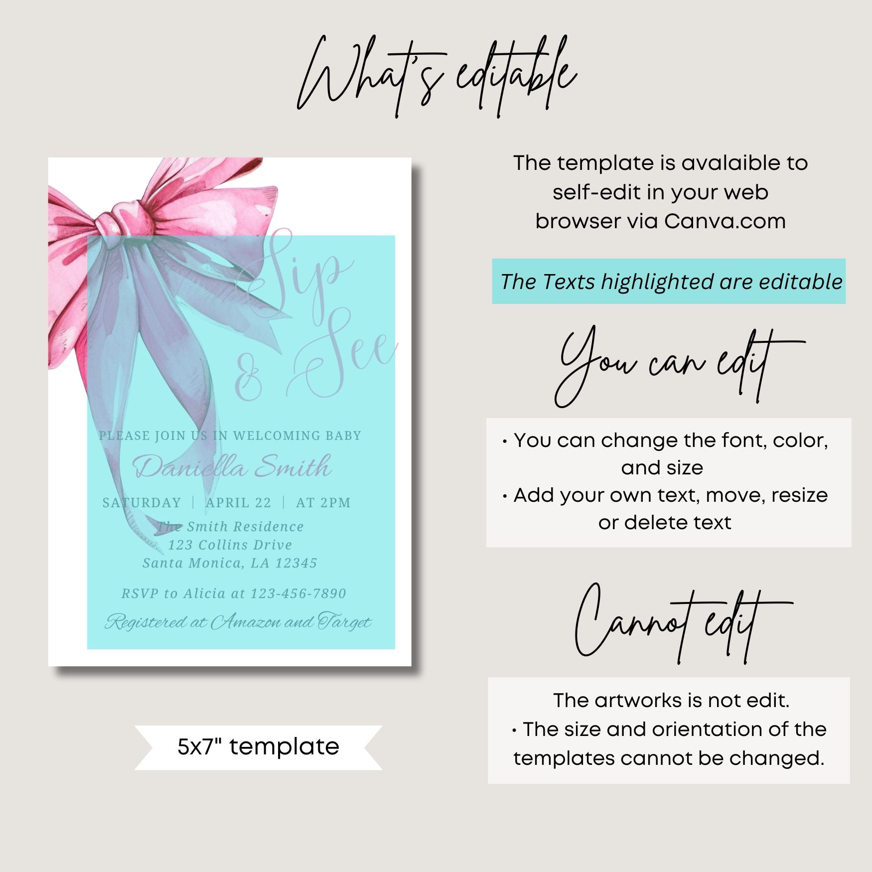 Baby shower invitation template with pink bow and editable text on a light gray background