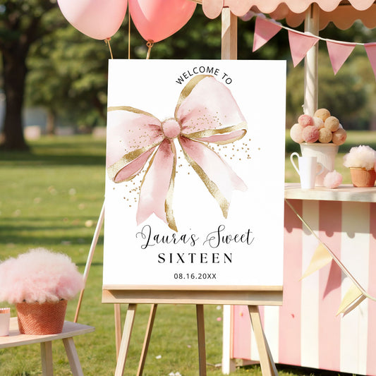Coquette Pink and Gold Sweet Sixteen Welcome Sign