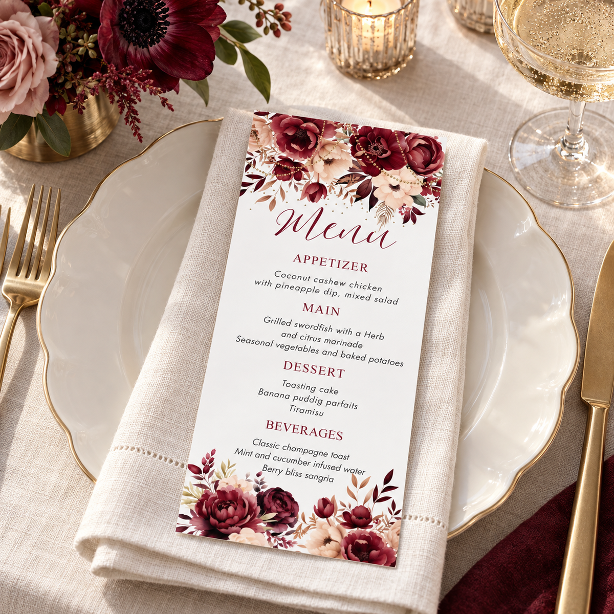 Editable Burgundy and Blush Floral Dinner Menu Card Template on a beautifully set dining table.