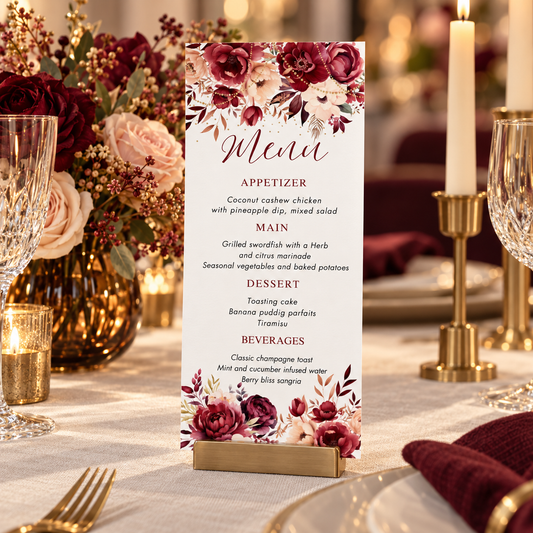 Editable Burgundy and Blush Floral Dinner Menu Card Template displayed on an elegant dinner table setting.