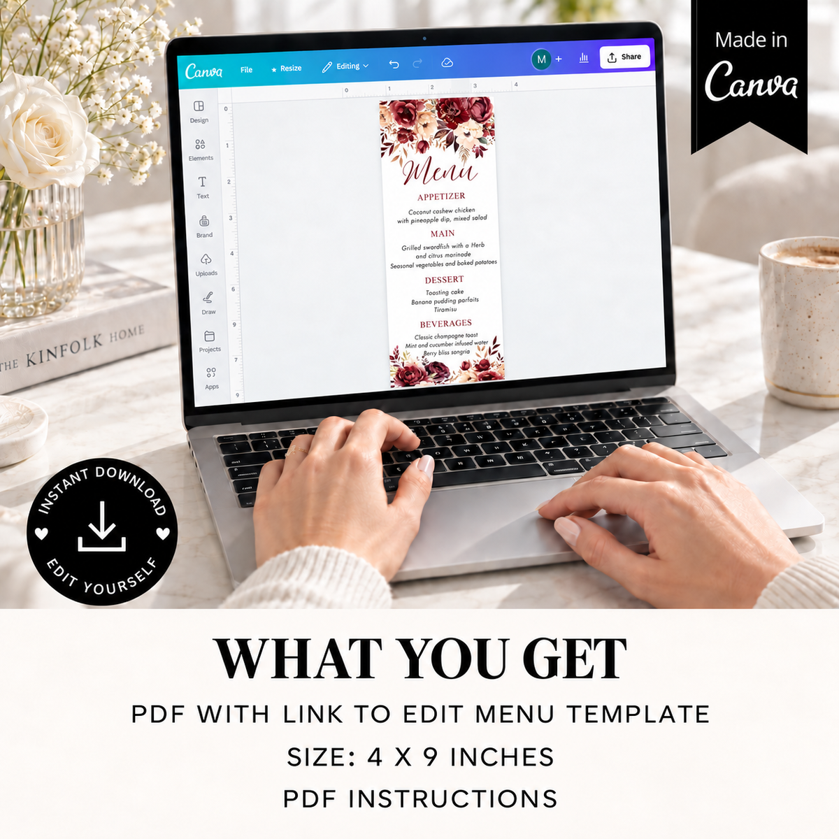 Editable Burgundy and Blush Floral Dinner Menu Card Template displayed on laptop with editing details and instructions.