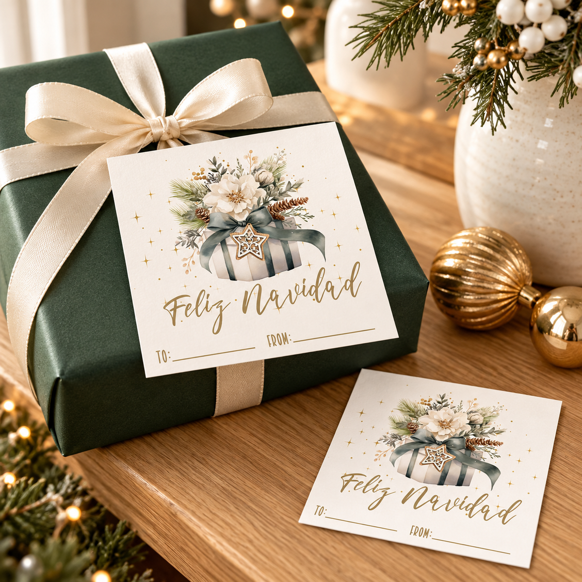 Feliz Navidad printable gift tags on a beautifully wrapped Christmas present with floral design decorations.