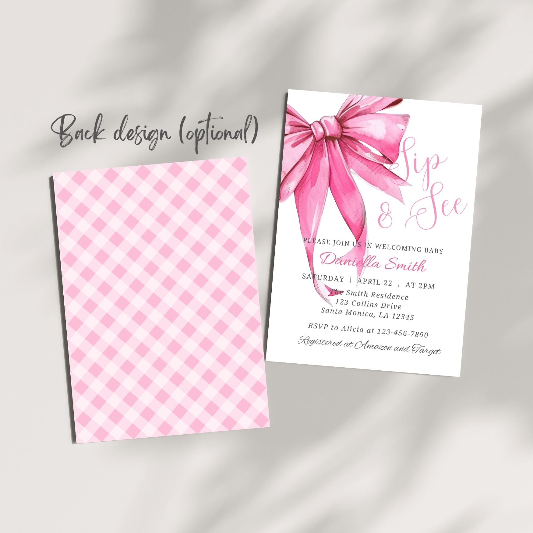 Baby shower invitation with pink bow and checkered design on a gray background