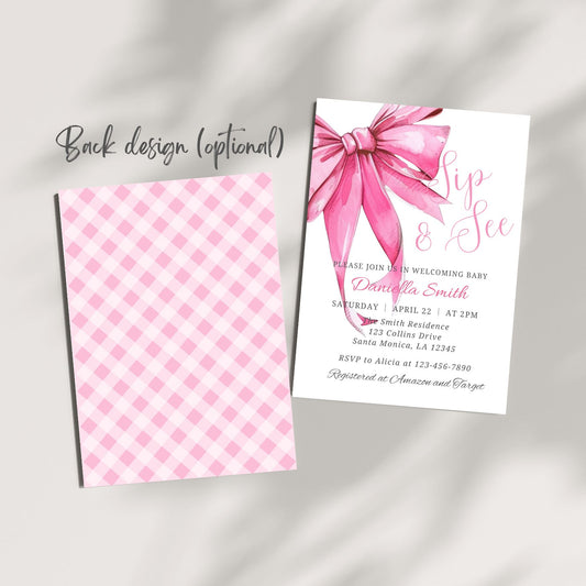 Baby shower invitation with pink bow and checkered design on a gray background