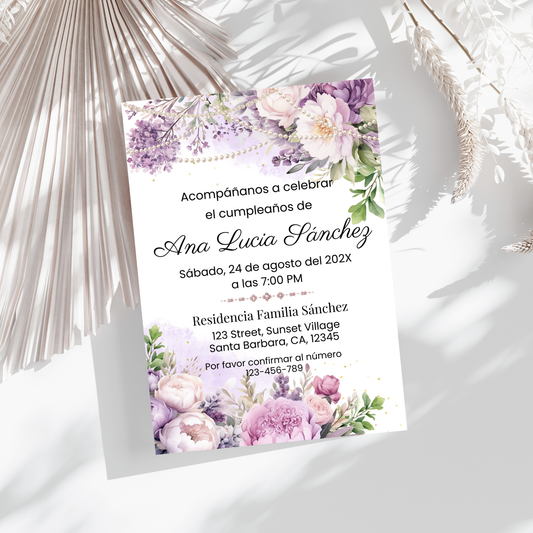 Spanish Purple Floral and Pearls Birthday Invitation