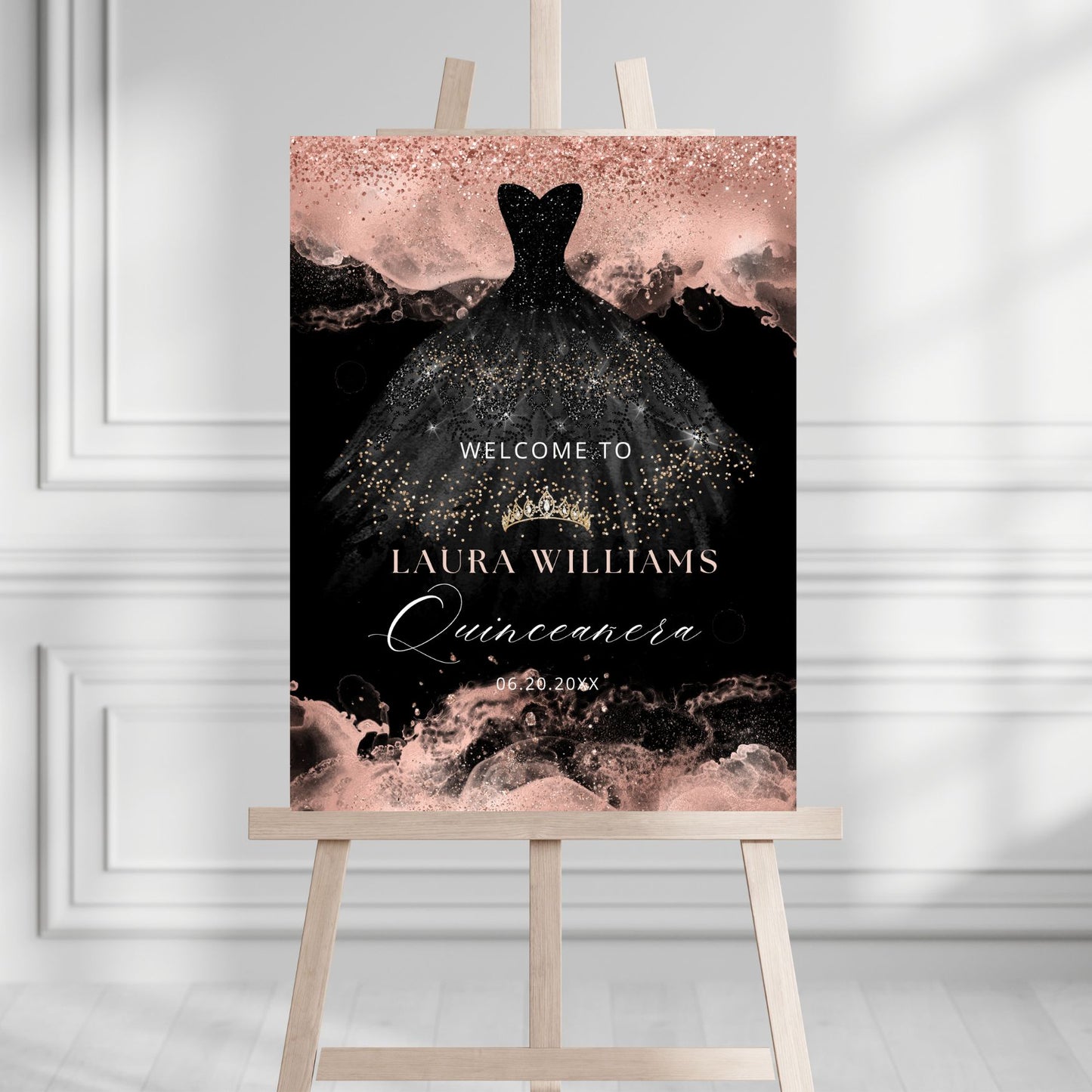 Black and Rose Gold Princess Quinceanera Welcome Sign