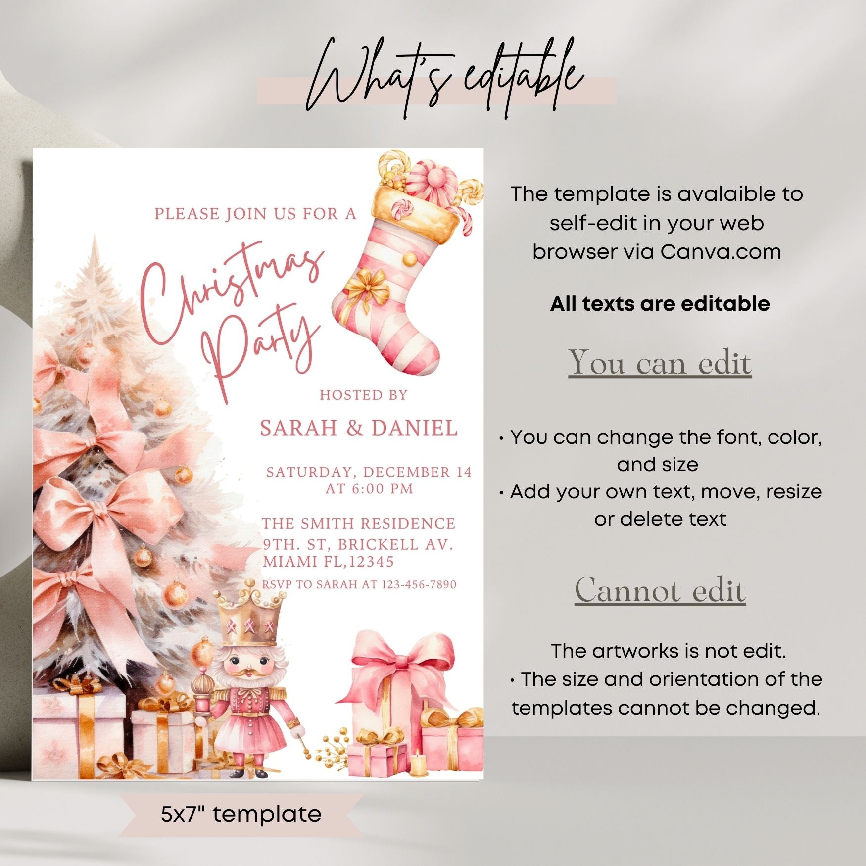 Pink Christmas party invitation template with editable text on a white background