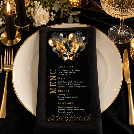 Elegant Black and Gold Masquerade Party Menu Card Template displayed on a table setting with elegant decor.