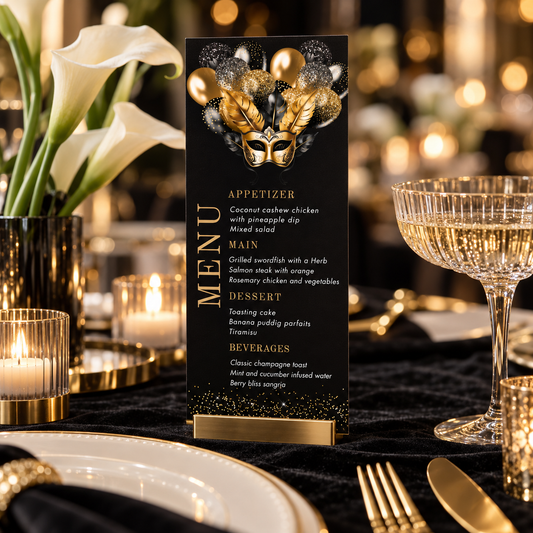 Elegant Black and Gold Masquerade Party Menu Card Template on a luxurious table setting with elegant decor.