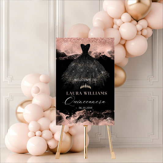 Black and Rose Gold Princess Quinceanera Welcome Sign