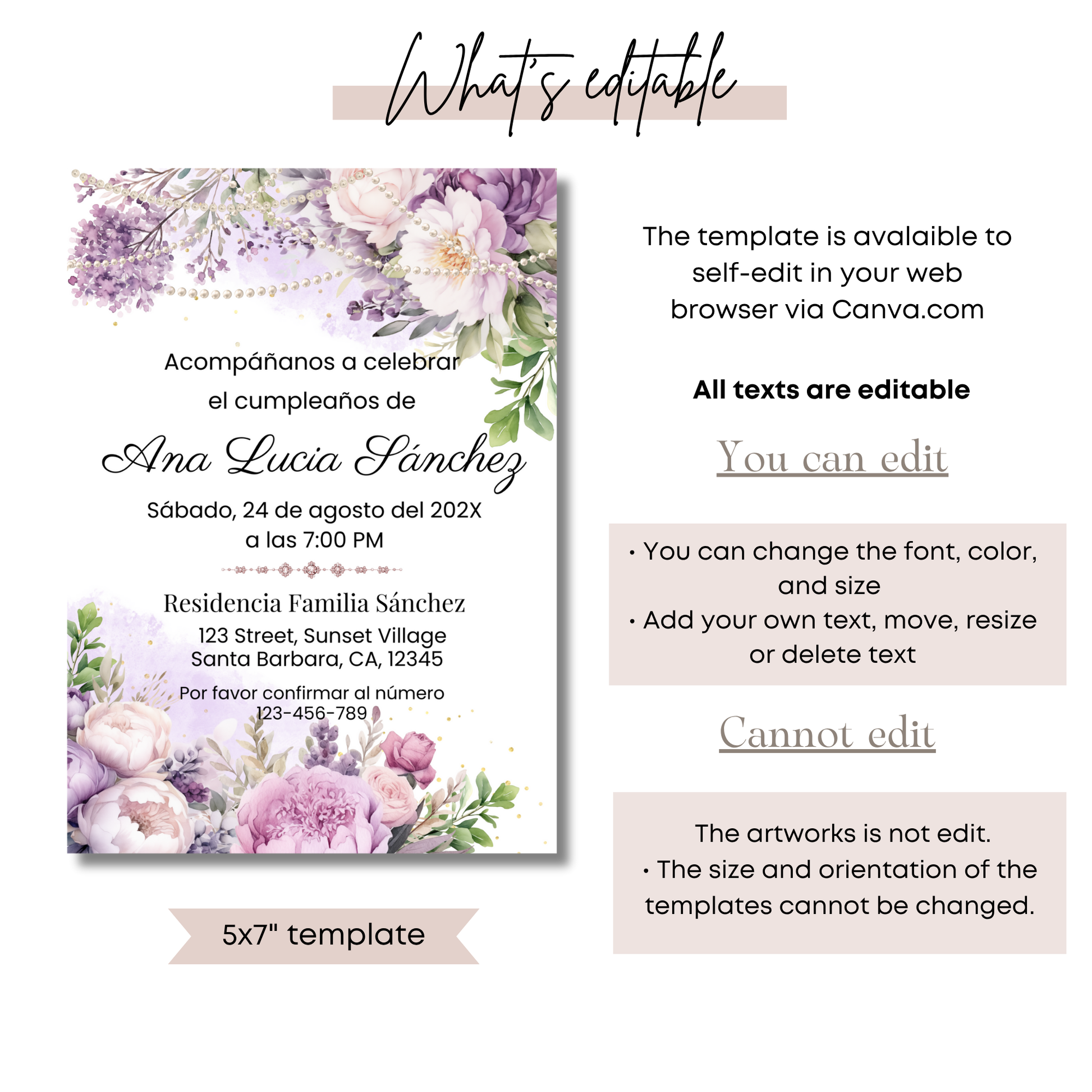 Spanish Purple Floral and Pearls Birthday Invitation