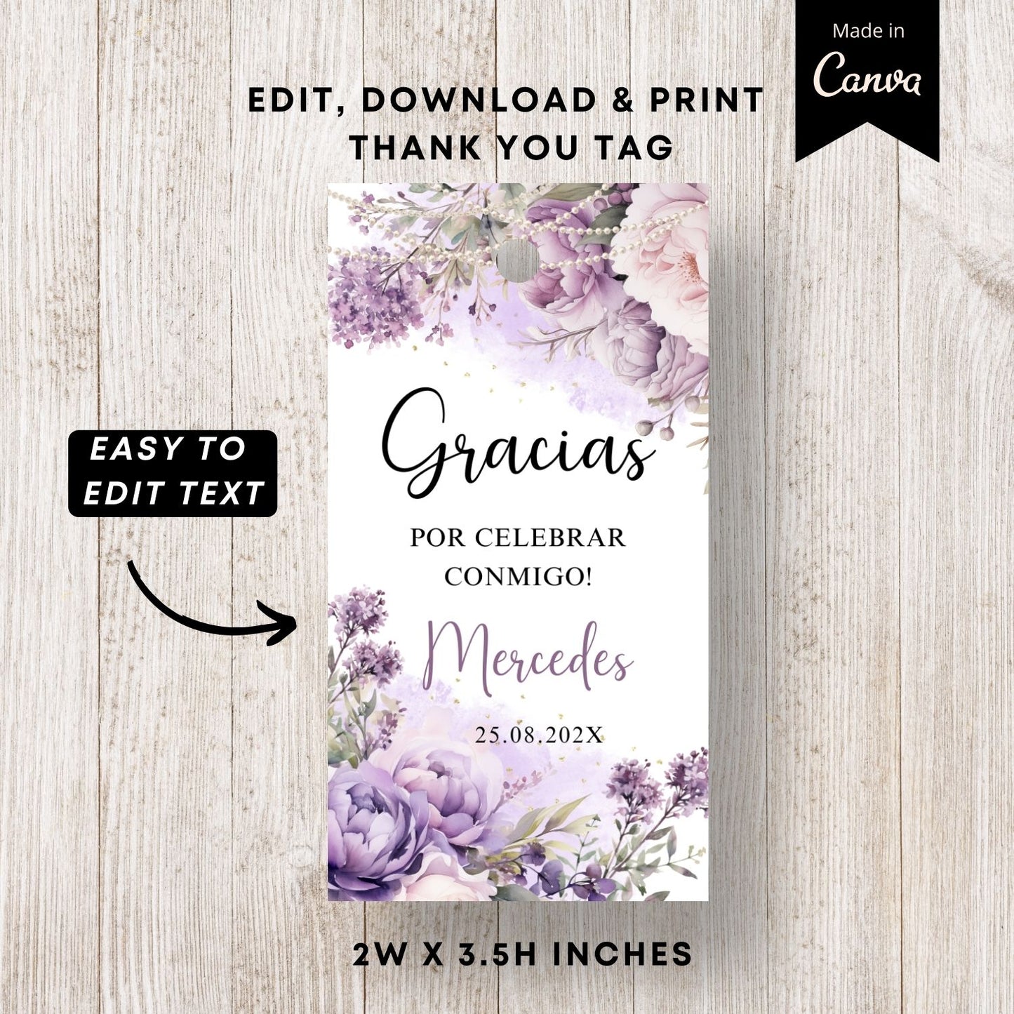 Editable Spanish Purple Floral and Pearls Thank You Tag
